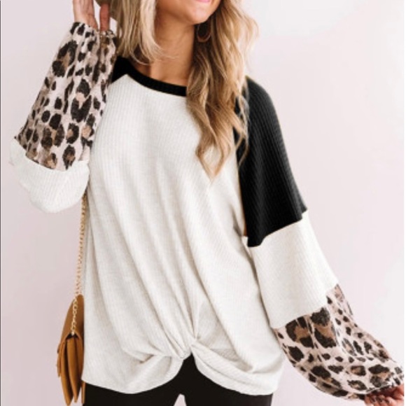 Leopard Long Sleeve Waffle Knit Blouse - Picture 2 of 4